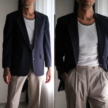 Vintage 80s Christian Dior Monsieur Navy Blue Gabardine Two Button Blazer | Made in USA | 100% Wool | 1980s DIOR Designer Mens Sport Jacket 