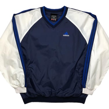 Vintage 90s Adidas Embroidered White & Blue 3 Stripe Windbreaker Pullover Jacket Size XL 