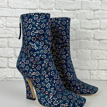 Fendi FFreedom Floral Brrocade Square Toe Ankle Boots, Size 39, Blue