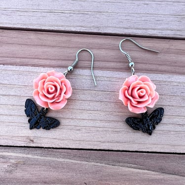 Pink Rose and Black Petite Moth  Earrings 