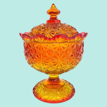 Vintage L.E. Smith Covered Candy Dish Retro 1960s Mid Century Modern + Daisy and Button + Amberina Flame + Cadmium Compote Bowl + Kitchen 