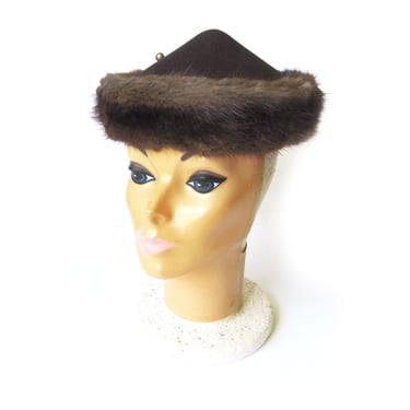 1950s Brown Wool Felt Hat with Mink Fur Trim, Dark Brown Hat, Pointed Hat. Evening Wear, Vintage Pixie Hat, New York Creation Label 