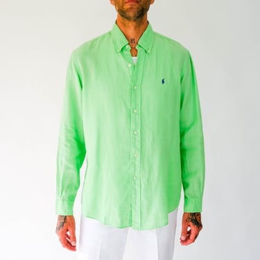 Vintage 90s Ralph Lauren Polo Custom Fit Lime Green Linen Button Up Shirt | 100% Linen | Hip Hop, Streetwear | 1990s RL Polo Designer Shirt 