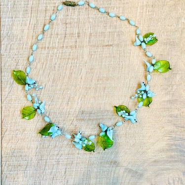 Vintage 1930s Venetian Glass Beaded Necklace Baby Blue Birds Green Leaves Cottage Core 