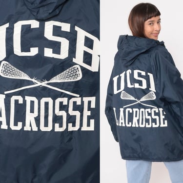 USCB Lacrosse Jacket UC Santa Barbara University Jacket 90s Hooded Windbreaker Faux Fur Lined Hoodie College Vintage Oversized Men's Large 
