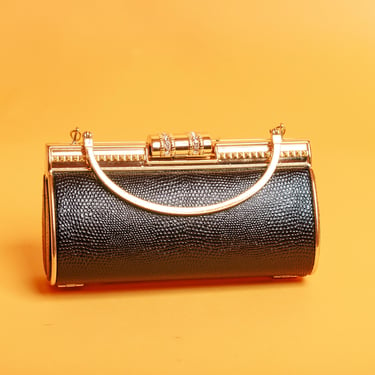 2000s Gold Rhinestone Handle Black Textured Clutch Purse Vintage Box Hard Evening Cocktail Strappy Bag 