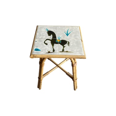 Rattan and Tile Side Table, Audoux Minet, France, 1950’s