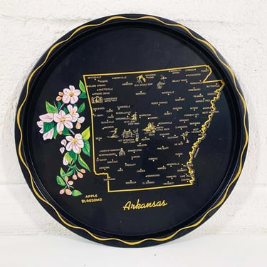 Vintage Metal Arkansas Drink Tray Plate Souvenir Retro Round Mid-Century Barware Black White Green Gold Apple Blossoms Bar 