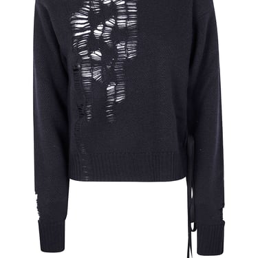 Ann Demeulemeester Women "Gabriela" Destroyed Seed Stitch Crew Neck Sweater With Drawstrings