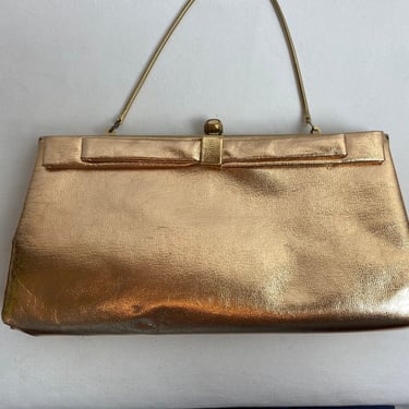 Vintage 60’s Rose-Gold metallic clutch purse~ glam handbag with bow~ Mod MCM evening bag chain optional very sleek 1960s 