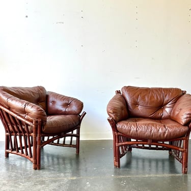 Leather and rattan arm lounge chairs 