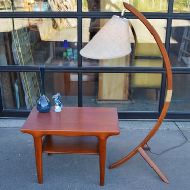 Iconic Danish Modern Teak Tripod Bow Floor Lamp w/ Jute Bonnet Shade