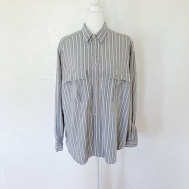 80s Designer Giorgio Armani Cotton Gray Textured Striped Button Up Shirt | Large/Extra Large/2X 