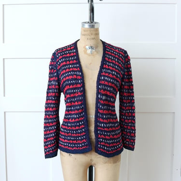 vintage 1940s 50s crochet jacket • striped long sleeve ribbon work blazer 