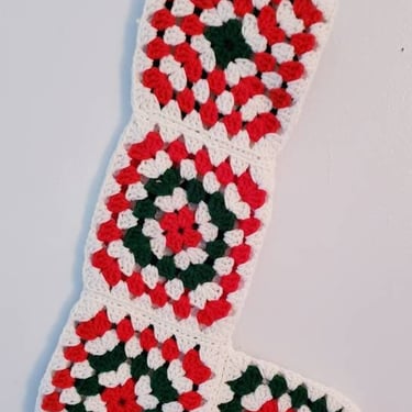 Vintage Red White Green crocheted Granny Square Christmas Stocking Holiday Decorations Door hangers 