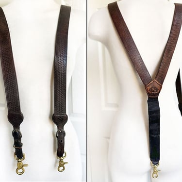 OLD Vintage Leather NACONA Men's Suspenders Western, Brass Hooks, Embossed, Basket Weave Belt 
