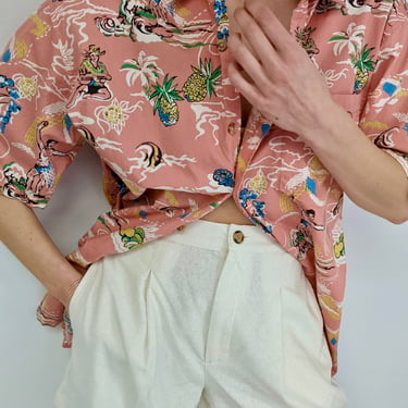 Vintage Salmon Tropical Printed Button Up