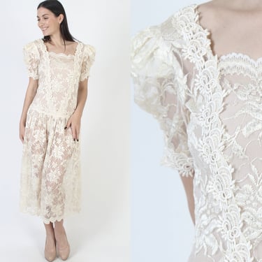 Art Deco Floral Lace Dress 80s Sheer Wedding Gown Victorian Inspired Drop Waist Gown 