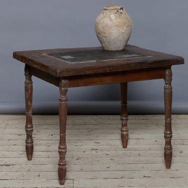 Altered 19th Century Dutch Colonial Teak Table with a Single Piece of 17th Century Belgian Blue Stone Inset on Top