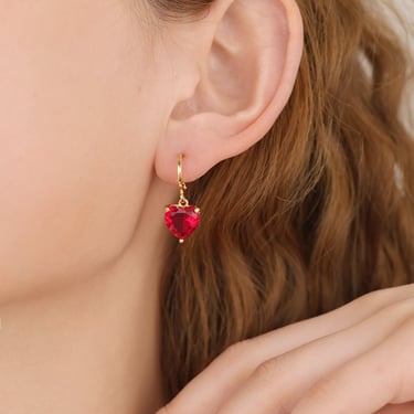 E149 gold heart dangle earrings, heart earrings, red heart earrings, dangle earrings, heart huggie earrings, red heart huggies, gift for her 