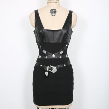 Vintage Black Leather Mini Dress with Silver Studs & Belt Details RocknRoll Rockstar Concert Festival Biker Motorcycle Streetwear Coachella 