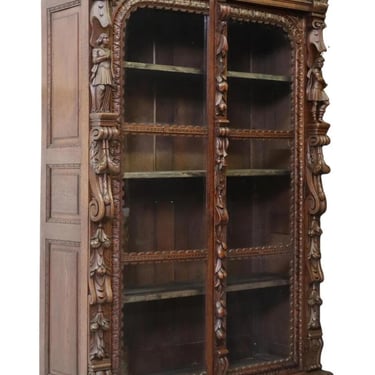 Antique Bookcase, French Renaissance Revival, Carved Oak , Scrolls, Masks, 1800s
