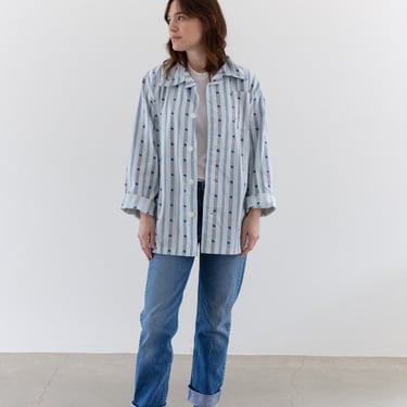 Vintage Blue White Striped Shirt Jacket | Unisex Raindrop Flannel Stripe Cotton Pajama Chore shirt | XL | SJ036 
