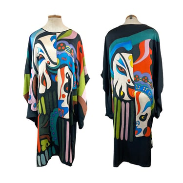 Vtg 60s 70s 1960s 1970s Rare Exquisitely Dyed Abstract Kabuki Mask Silk Kaftan 