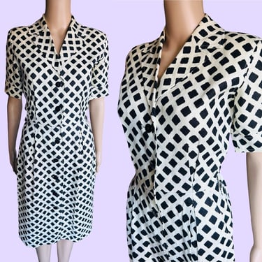 Vintage 1980's Jet Black and Ivory White Cotton Linen Geometric Checkered Button Up Shirtwaist Dress by Saint Laurent Rive Gauche - XS 