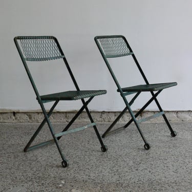 Vintage Wrought Iron Mesh Folding Chairs In the Manner of Troy Sunshade Co.  (Set of 2) 