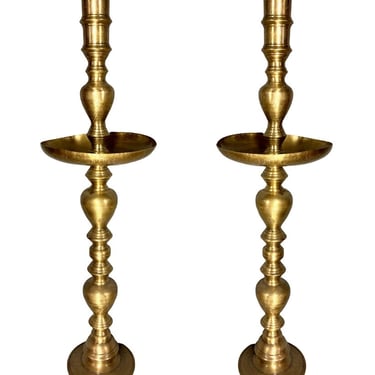 Hand Etched Brass Moroccan Floor Candelabra, Pair 