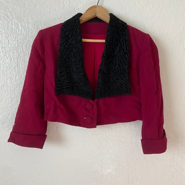 Vintage 1940s cranberry red cropped wool jacket black collar small medium by TimeBa