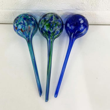 Vintage Hand Blown Glass Plant Watering Globes Set of 3 Mid-Century Colorful Home Decor Garden Plants Blue Green 1970s 1980s 