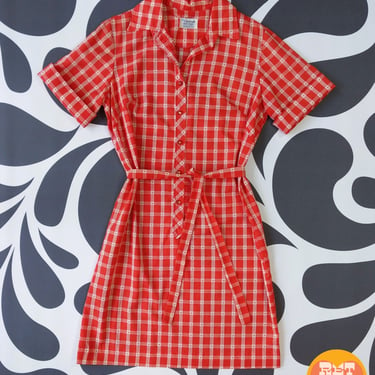 Perfect Summer Dress - Vintage 60s 70s Red Gingham Plaid Cotton Shift Dress 