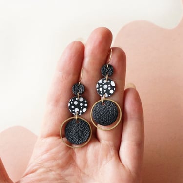 Freckled Circle Black + White earrings - Spotted Leather Earrings - Tiered Circles of Reclaimed Leather and Brass 