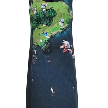 Akris Punto - Blue & Green "Lake" Printed Sleeveless Shift Dress Sz 10