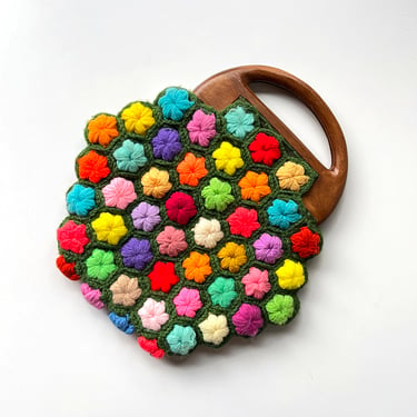 Vintage 70s Colorful Wood Handle Knit Handbag 