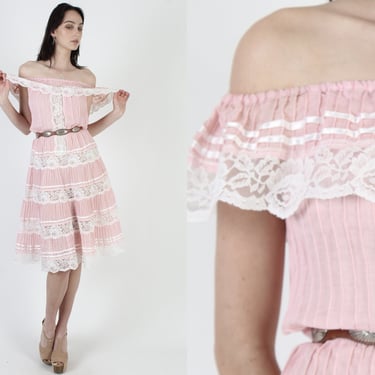 Tiered Light Pink Mexican Fiesta Dress, Off The Shoulders Ethnic Party Gown 
