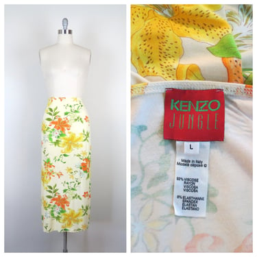 Vintage Y2K Kenzo Jungle floral maxi skirt stretch jersey bodycon tropical print bold floral 