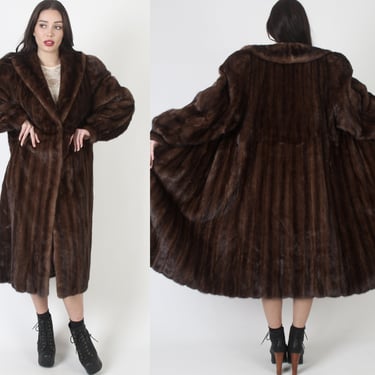 Luxurious Full Length Brown Real Mink Coat, Plus Size Long Fur Back Collar Overcoat, Vintage 80s Winter Red Carpet Jacket 