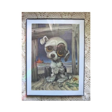 Vintage Big Eye Art Wall Hanging - Pity Puppy Sad Eyed Dog Litho by Gig 