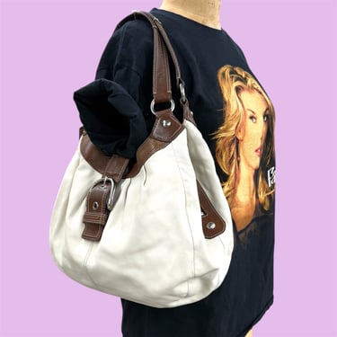 Vintage Coach Soho Lynn Shoulder Bag Retro 2000s F15075 + Y2K + Large + Leather + Hobo + Off White + Bark + Silver Metal + Womens Accessory 