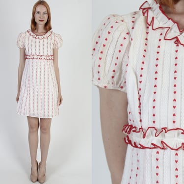 Tiny Red Heart Print Babydoll Dress Vintage 70s Casual Southern Belle Mini Vertical Striped High Waisted Dress 