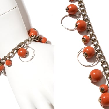 Vintage 1960s Charm Bracelet | 60s Orange Wood Bobble Balls Round O-Rings Silver Tone Metal Chain Bracelet 