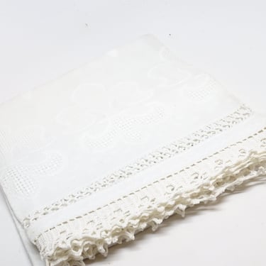 Antique French Linen Damask Towel with Cotton Crochet Lace, Vintage Fleur-de-Lis 