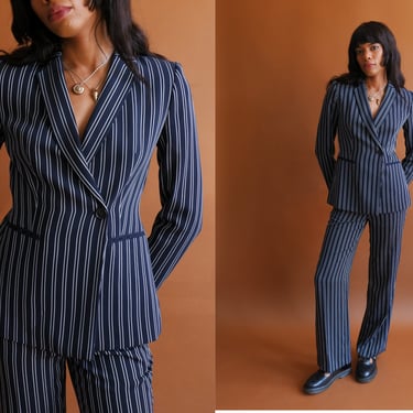 DKNY Navy Blue Pinstripe Pantsuit/ Y2K Blue White Striped Blazer and Trousers/ Size Small 