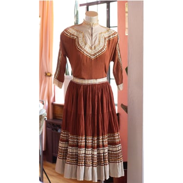 Vintage Patio Skirt and Top Set - 1940s, 1950s - Brown, Gold and Silver - Western, Rockabilly Two Piece Set, High Neck 