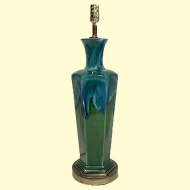 Vintage Table Lamp Retro 1960s Mid Century Modern + Green and Blue + Drip Glaze + Ceramic + Gold Metal + Mood Lighting + Light + Home Decor 