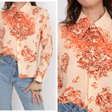 Vintage 1970s 70s Peach Orange Pink Heavenly Cherub Novelty Print Long Sleeve Button Up Blouse 