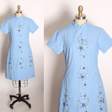 1960s Light Blue Short Sleeve Cheongsam Style Floral Embroidered 3D Flowers Mini Dress -S 